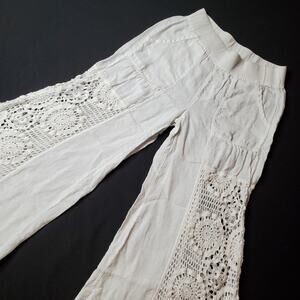 XCVI Women's Size M Linen Wide-Leg Pants Crochet Lace White